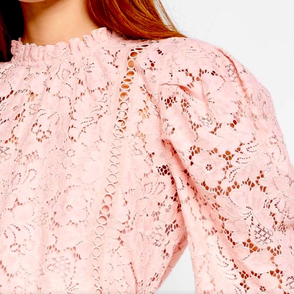EXPRESS Dusty Pink Puff Sleeve Floral Lace Mock Neck Blouse SMALL